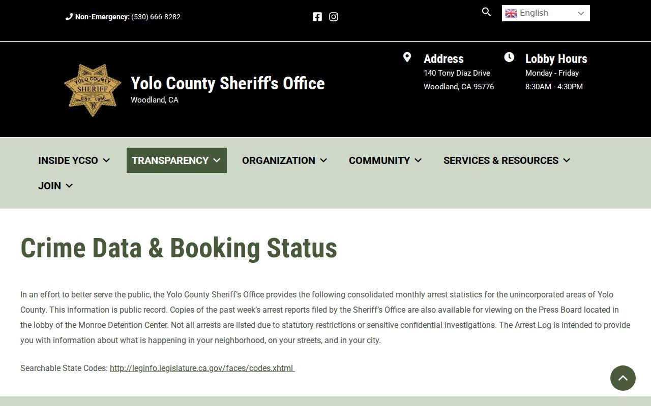 Yolo County Sheriff crime data and booking status page