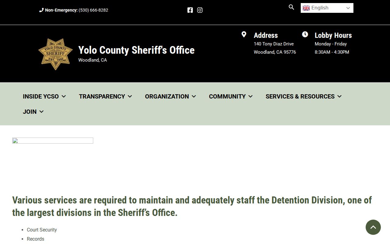Yolo County Sheriff detention services information