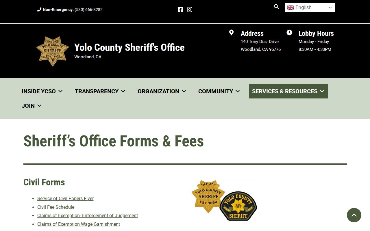 Yolo County Sheriff forms and report fee information