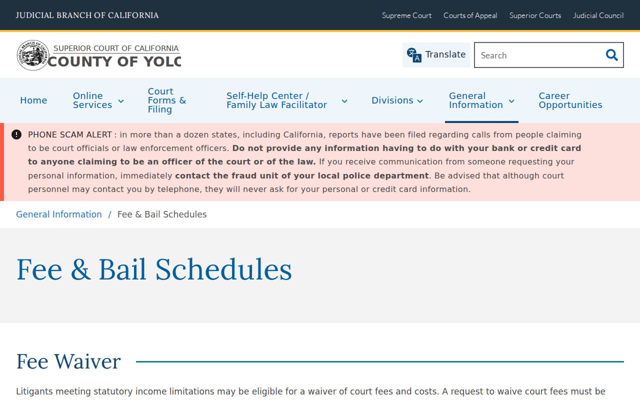 Yolo Superior Court fee and bail schedules