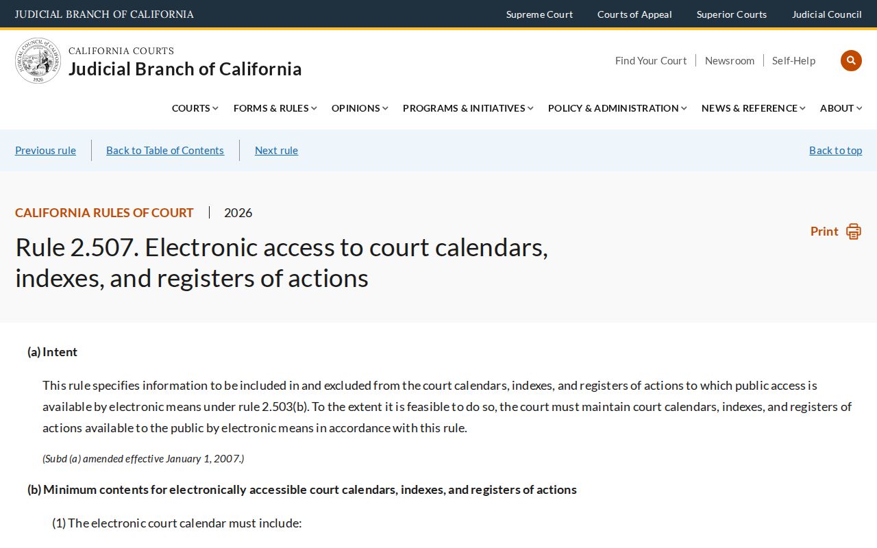 California Rule of Court 2.507 electronic index restrictions