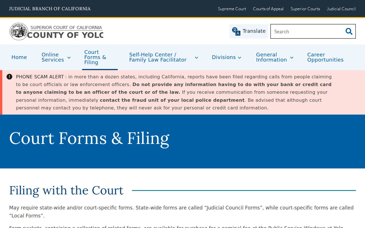 Yolo Superior Court forms and filing resources