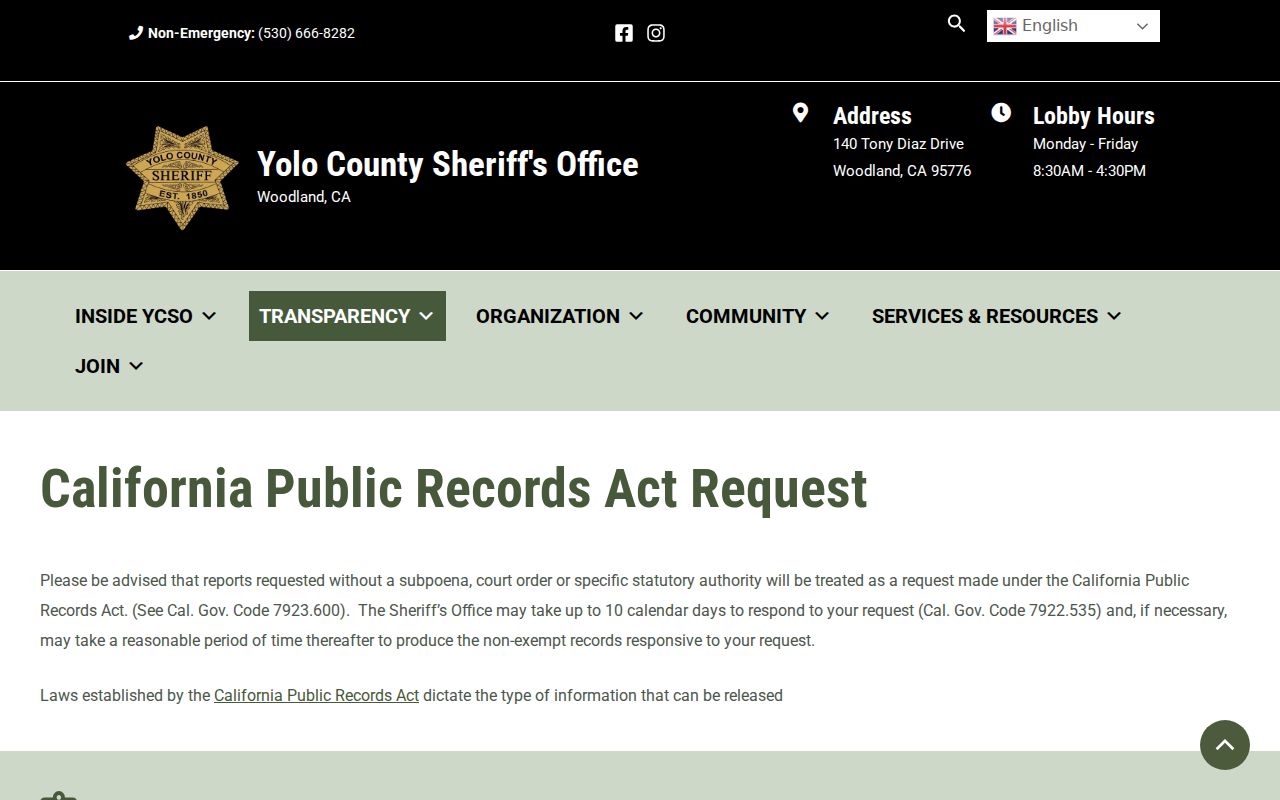 Yolo County criminal records Sheriff CPRA request instructions