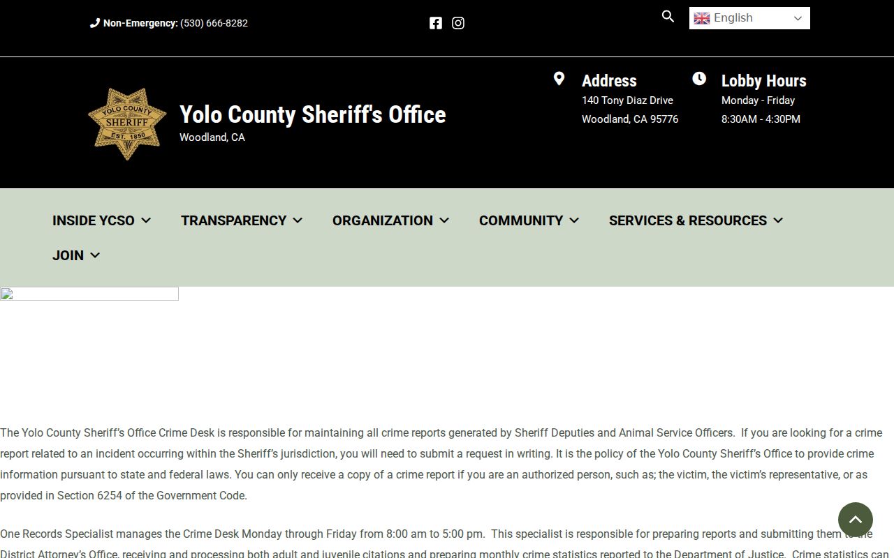 Yolo County criminal records Sheriff Crime Desk page