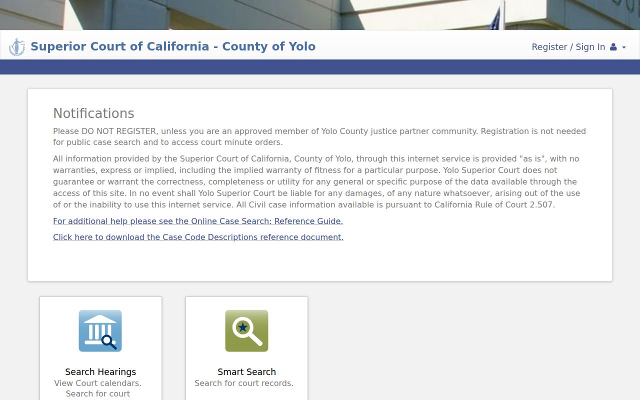 Yolo County criminal records Tyler Smart Search portal