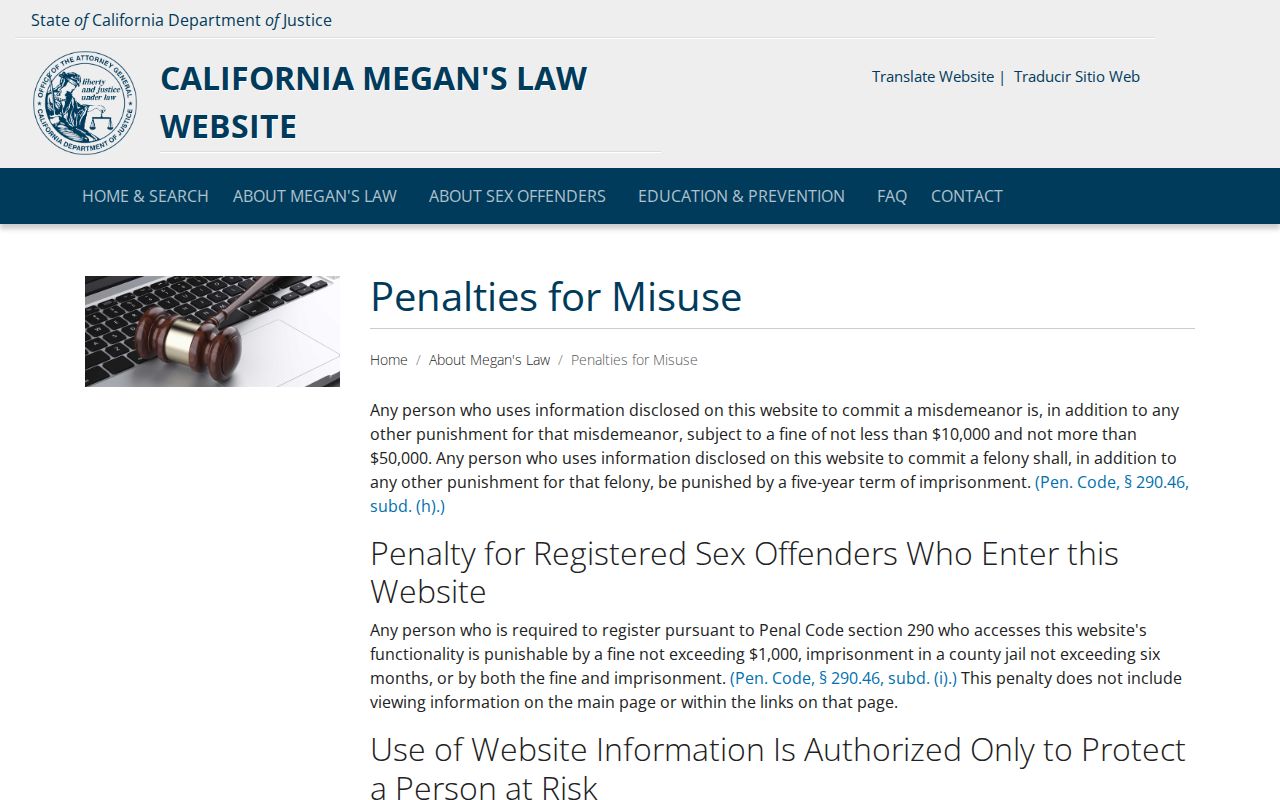 Yolo County sex offender registry lawful use and misuse penalties