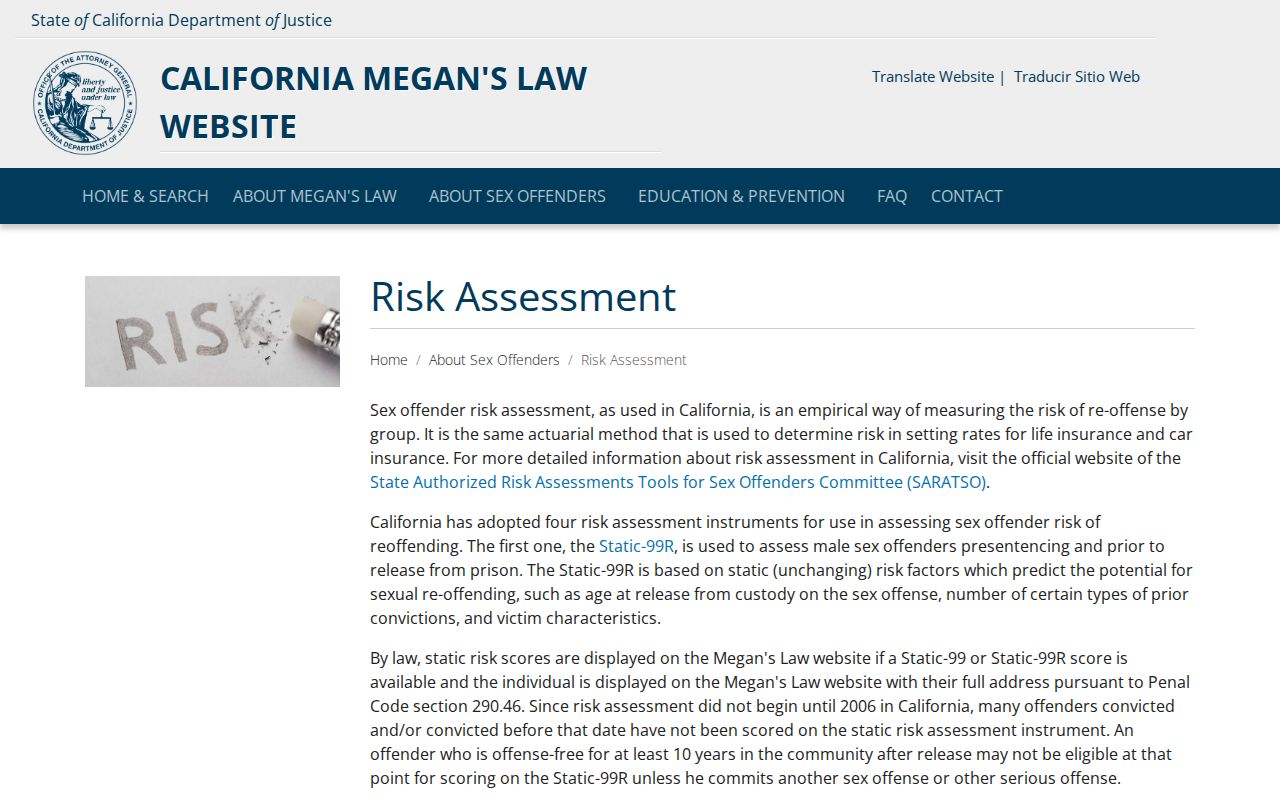Yolo County sex offender registry risk assessment categories